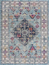 Close-up of the Tigris Turquoise 2314 area rug. Bohemian style with ivory, blue, mustard, and pink tones. Design-Rectangle