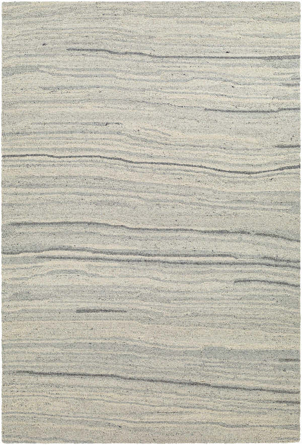 Close-up of the hand-tufted Tinubuan Area Rug. Light beige wool rug with subtle horizontal stripes in light gray and slate. Design-Rectangle-576
