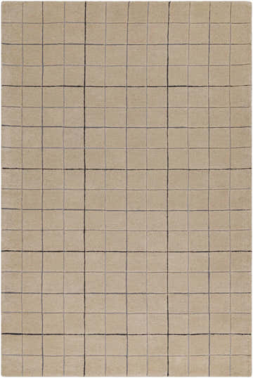 Close-up of the Toshi Beige Area Rug, a hand-tufted wool rug with a contemporary black and gray grid pattern on a tan background. Design-Rectangle-576