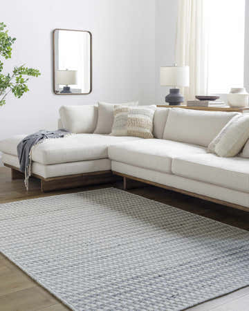 Living room scene with a light silver Tevah Area Rug, white sectional sofa, and wood floors. Roomscene-Rectangle