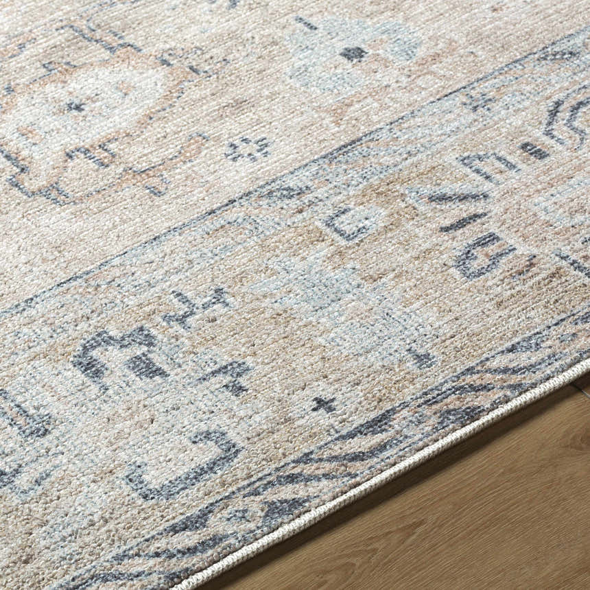 Close up of the Toddy Area Rug showing beige, tan, and slate blue traditional pattern. Texture