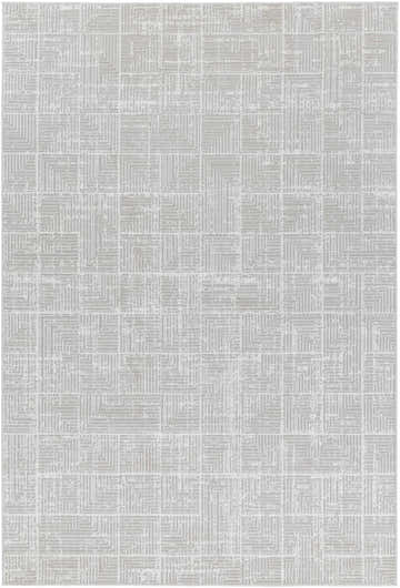 Close-up of the Telyn Area Rug, a contemporary rug with a slate blue geometric square pattern. Design-Rectangle-5373