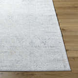 Close-up of the Totsi Area Rug in cream, blue, and gray on a wood floor. Farmhouse style, machine woven. Front