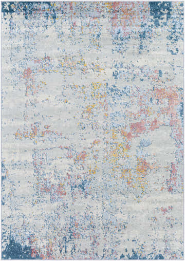 Close-up of Tambalisa Abstract Area Rug with cream, dusty coral, light gray, pale blue, teal, and yellow colors. Design-Rectangle-5373