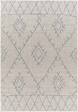 Close-up of the Marwood Gray&Blue Nordic Rug, featuring a geometric diamond pattern in blue on an oatmeal background. Design-Rectangle-5377