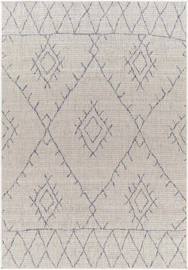 Close-up of the Marwood Gray&Blue Nordic Rug, featuring a geometric diamond pattern in blue on an oatmeal background. Design-Rectangle-5377