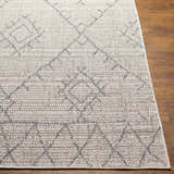 Close-up of the Marwood Gray&Blue Nordic Rug showing its geometric pattern, woven texture, and colors. Front