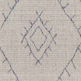 Close-up of Marwood Gray&Blue Nordic Rug showing geometric diamond pattern and woven texture. Bohemian style. Swatch