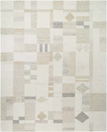 Close-up of the Tovah Area Rug. Hand-tufted wool rug with a contemporary geometric pattern in ash and light silver tones. Design-Rectangle-810