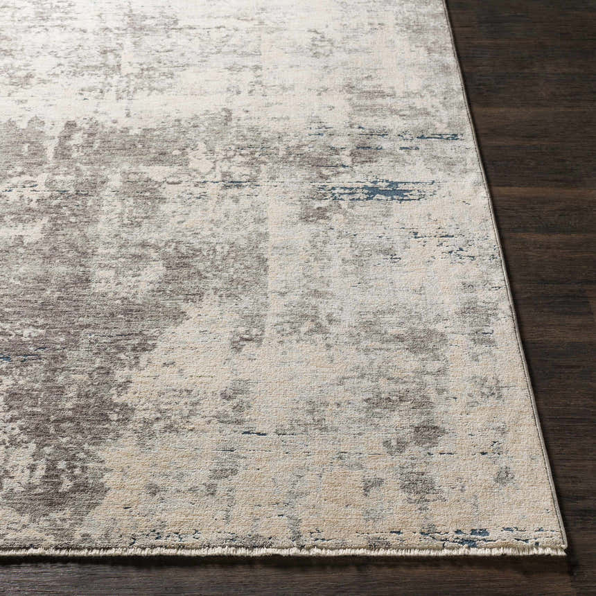 Close-up of the Tonalea Carved Statement Area Rug. Abstract pattern in ivory, gray, and blue on a dark wood floor. Front