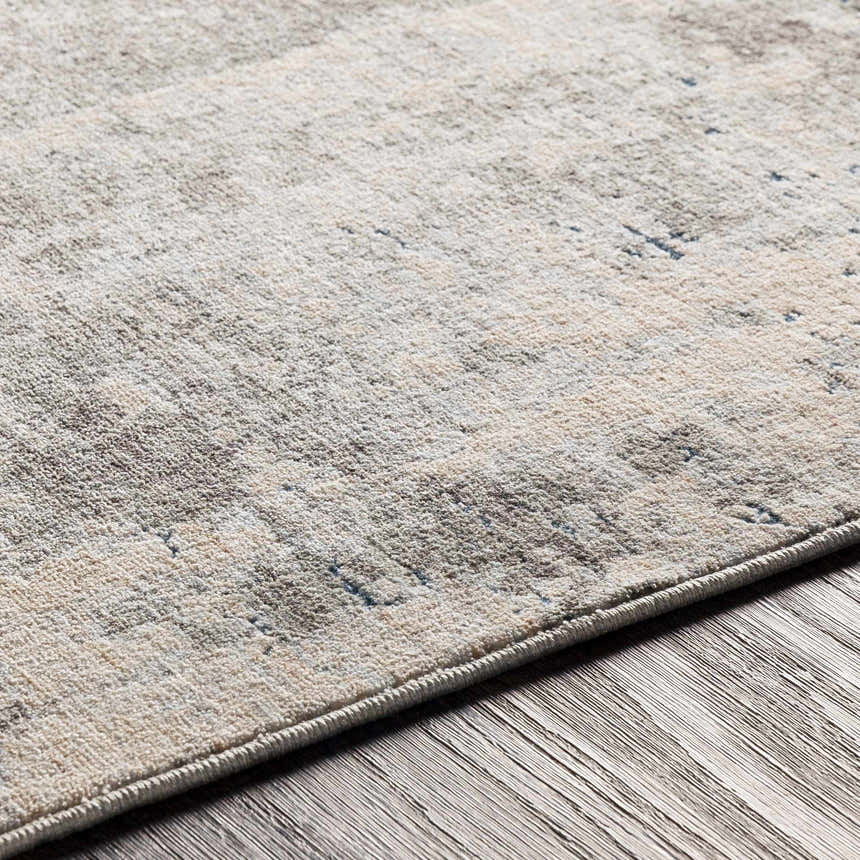 Close-up of the Tonalea Carved Statement Area Rug showing its subtle blue, gray, and ivory tones and carved texture on wood floor. Texture