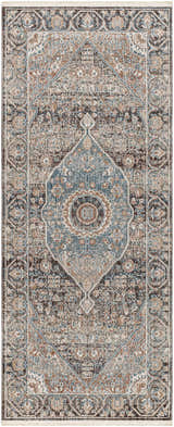Close-up of the Baychester Brown Area Rug. Features a traditional oriental design in brown, denim, and sage hues. Design-Runner