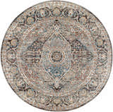 Detailed round Baychester Brown Area Rug featuring a traditional oriental pattern in dark brown, denim, and beige tones. Design-Round-53