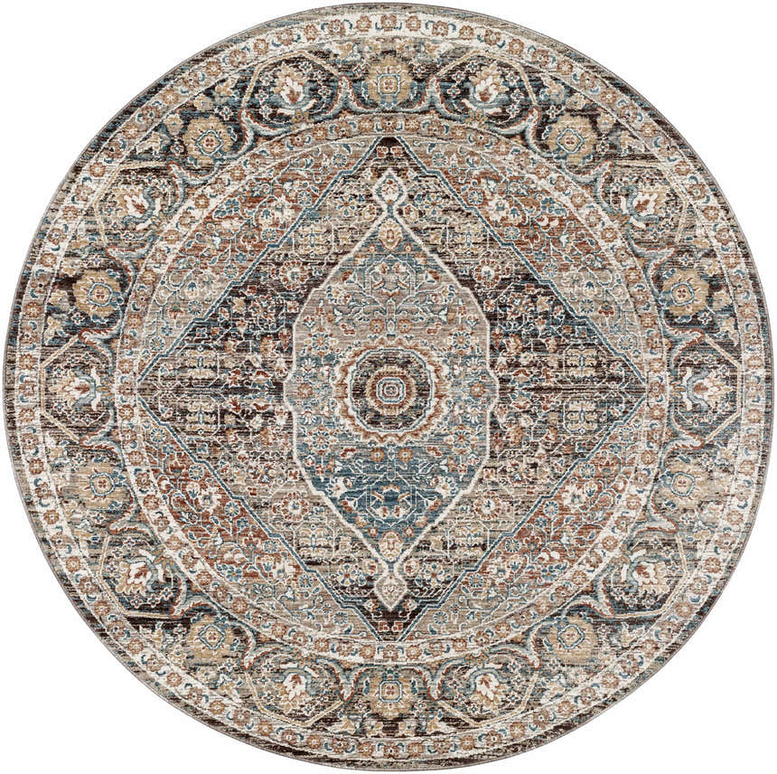 Detailed round Baychester Brown Area Rug featuring a traditional oriental pattern in dark brown, denim, and beige tones. Design-Round-53