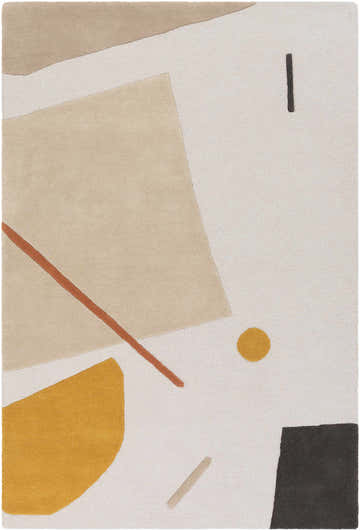 Close-up of Townview Wool Area Rug featuring a geometric design in tan, mustard, brick red, and black on a light gray background. Design-Rectangle-576