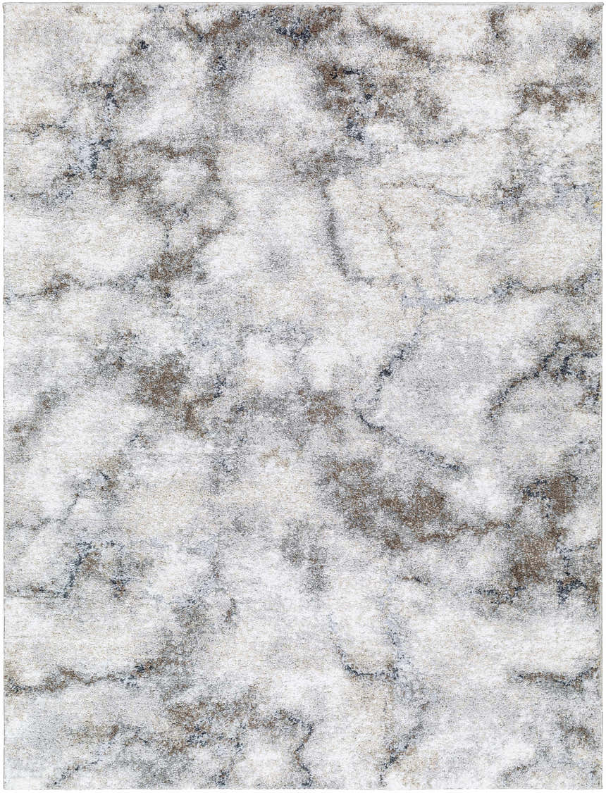 Close-up of the Titan Light Gray Area Rug, featuring a marbled pattern in light silver, silver gray, and subtle brown tones. Design-Rectangle-537