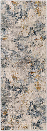 Close-up of Tracyton Area Rug. Contemporary design in cream, gray, light blue, and mustard hues. Abstract pattern and textured weave. Design-Runner-2773