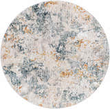 Close-up of round Tracyton Area Rug. Contemporary design with cream, gray, teal, and mustard abstract pattern. Design-Round-53