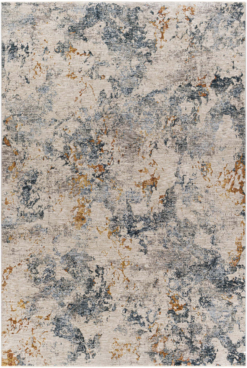 Close-up of the Tracyton Area Rug showcasing its contemporary abstract pattern in cream, gray, teal, and mustard hues. Design-Rectangle-6796