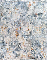 Close-up of the Tracyton Area Rug. Features a contemporary abstract design in cream, light blue, gray, and brick red. Design-Rectangle-710103
