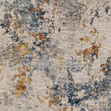 Close-up of the Tracyton Area Rug, showcasing its cream, blue, and mustard contemporary pattern and soft polyester texture. Swatch