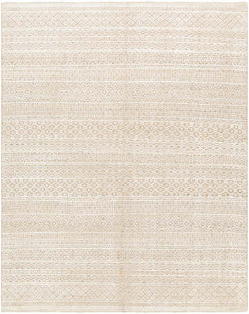 Close-up of the hand-knotted Tranmere Area Rug. Bohemian style with cream, tan, and brown geometric patterns. 60% wool. Design-Rectangle-69