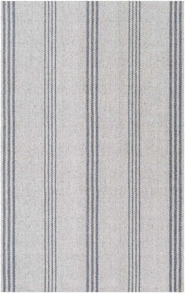 Close-up of the Treichlers Area Rug featuring a light gray and oatmeal background with gray vertical stripes. Design-Rectangle-576
