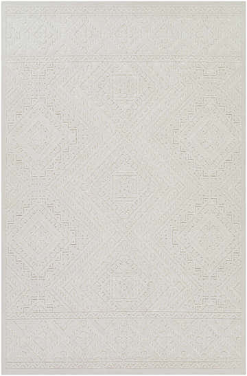 Close-up of the light beige Trigg 3D Outdoor Area Rug featuring a geometric diamond pattern and subtle textures. Design-Rectangle-5373