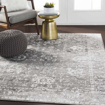 Living room scene with Tripp Distressed Gray Rug, gray chair, knit pouf, and gold side table with plant. Roomscene-Rectangle