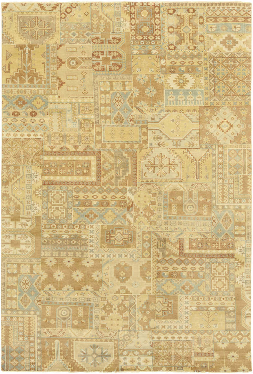 Detailed patchwork design of the Troy Area Rug in light brown, mustard, rust, and sage. Hand-knotted NZ wool. Design-Rectangle