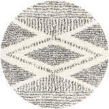 Close-up of round Trunding Plush Area Rug. Charcoal and cream shag rug with a diamond pattern. Design-Round-53