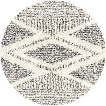 Close-up of round Trunding Plush Area Rug. Charcoal and cream shag rug with a diamond pattern. Design-Round-53