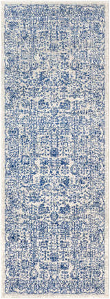 Close-up of the Truxton Area Rug: Light beige and navy blue, distressed traditional pattern, soft texture. Design-Runner-2773