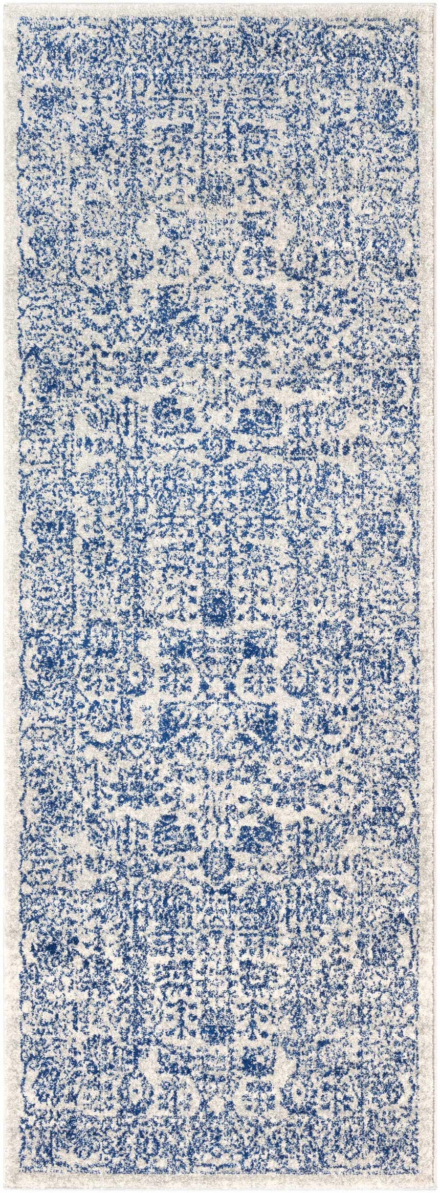 Close-up of the Truxton Area Rug: Light beige and navy blue, distressed traditional pattern, soft texture. Design-Runner-2773