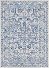 Close-up of the Truxton Area Rug. Light beige rug with a medium gray and navy vintage-style pattern. Design-Rectangle-5373