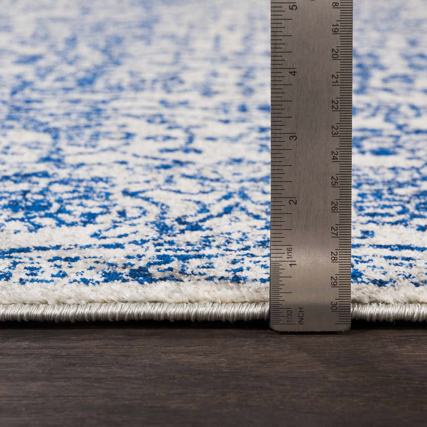 Close-up of the Truxton Area Rug showing its light beige and navy bohemian pattern, texture, and rug thickness. Pile
