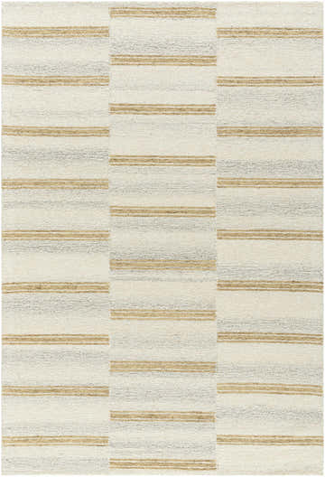 Close-up of the Toren Broken-Striped Area Rug. Hand-tufted wool rug with ash, pearl, and prairie dust stripes. Design-Rectangle-576
