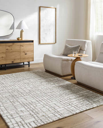 Living room scene with light silver Tibby Area Rug, neutral chairs, wood cabinet, and minimalist decor. Roomscene-Rectangle