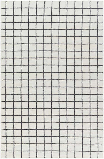 Close-up of the hand woven Tauri Area Rug. Charcoal grid pattern on ivory wool. Farmhouse style. Design-Rectangle