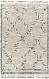 Close-up of hand-knotted Tubao Area Rug. Ivory rug with blue and white striped diamond pattern and fringe. Design-Rectangle-576