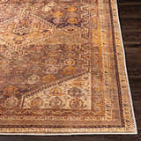Close-up of the Tungao Washable Area Rug. Bohemian style rug with brown, burnt orange, light beige, and saffron colors. Front