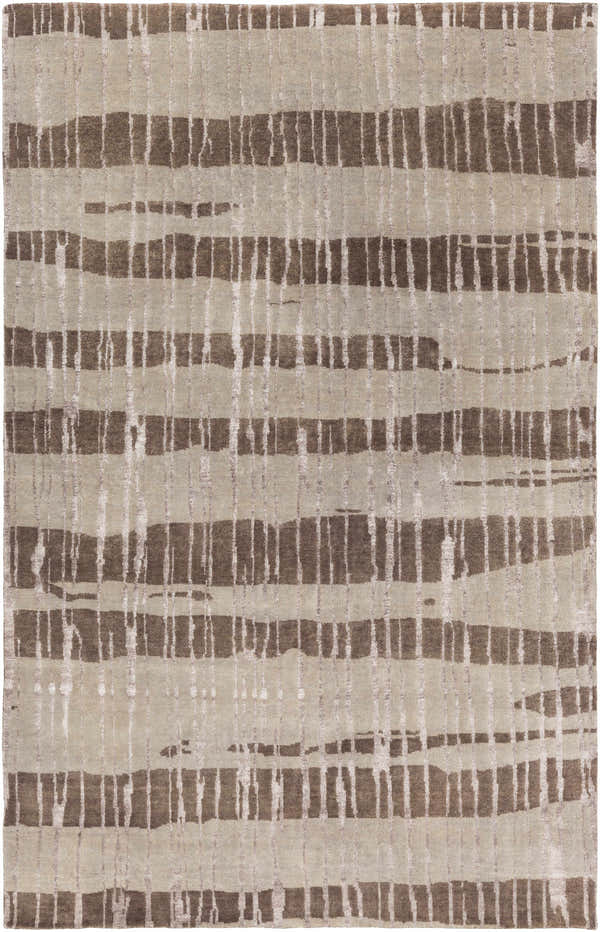 Close-up of the hand-knotted Turbeville Premium Area Carpet. Dark brown and light beige contemporary wool rug. Design-Rectangle-58