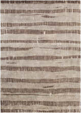Close-up of the Turbeville Premium Area Carpet in dark brown, taupe, and light beige with a contemporary striped pattern. Design-Rectangle-811