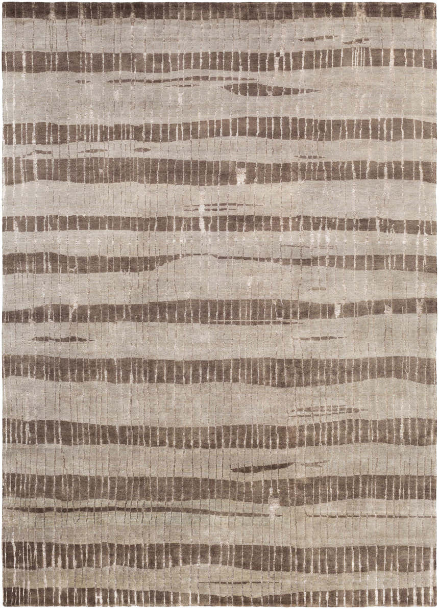 Close-up of the Turbeville Premium Area Carpet in dark brown, taupe, and light beige with a contemporary striped pattern. Design-Rectangle-811