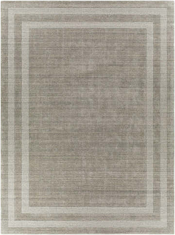 Close-up of the hand-tufted Turbotville Area Rug. Gray wool rug with a contemporary striped border design. Design-Rectangle-811