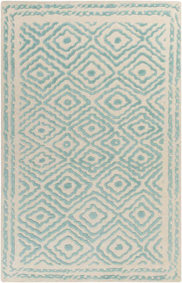 Close-up of Tuskahoma Premium Area Carpet. Aqua diamond pattern on light beige wool rug. Hand-knotted texture. Design-Rectangle