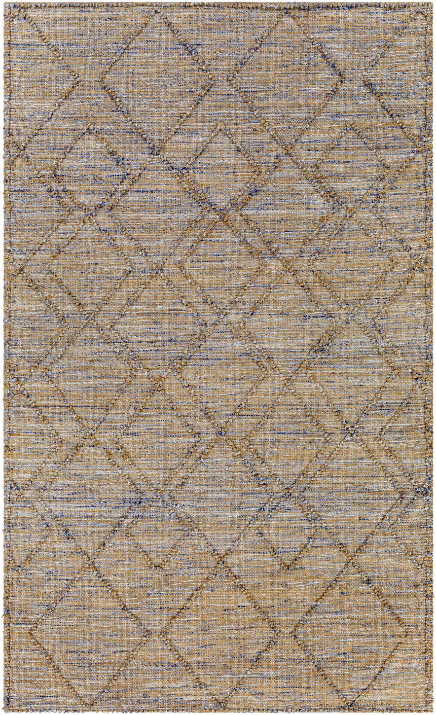 Close-up of the Buse Hand Woven Beige & Blue Area Rug, featuring a diamond pattern and jute texture. Bohemian style. Design-Rectangle-576