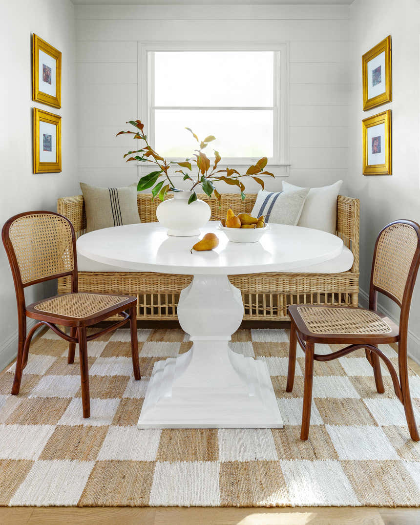 Dining room with a white table and the Tyhir Checkered Jute Rug in light brown and white. Farmhouse style. Roomscene-Rectangle