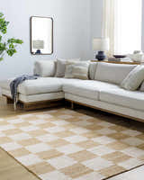 Living room with a light beige sectional sofa and Tyhir Checkered Jute Rug in light brown and white. Roomscene-Rectangle