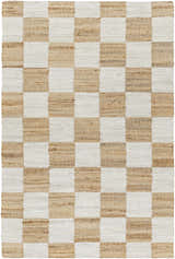 Close-up of the Tyhir Checkered Jute Rug, featuring a light brown and light slate checkerboard pattern and hand-woven texture. Design-Rectangle-576